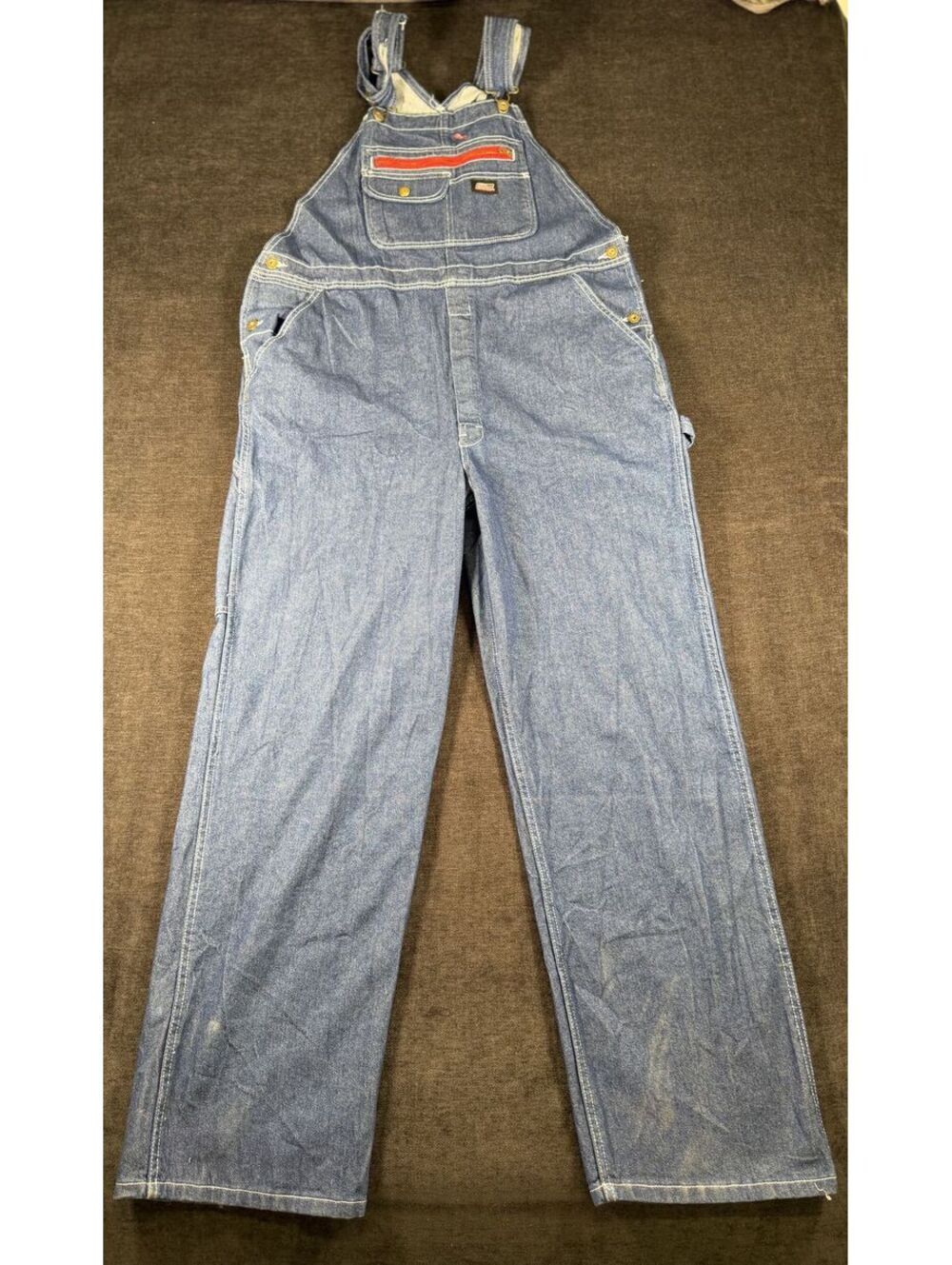 Dickies Vintage Denim Overalls with Red Zipper Pocket, Size Large